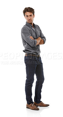 Buy stock photo Man, arms crossed and studio portrait with fashion, trendy style and shirt with confidence by white background. Person, guy or model with cool denim jeans, edgy clothes and pride from Argentina