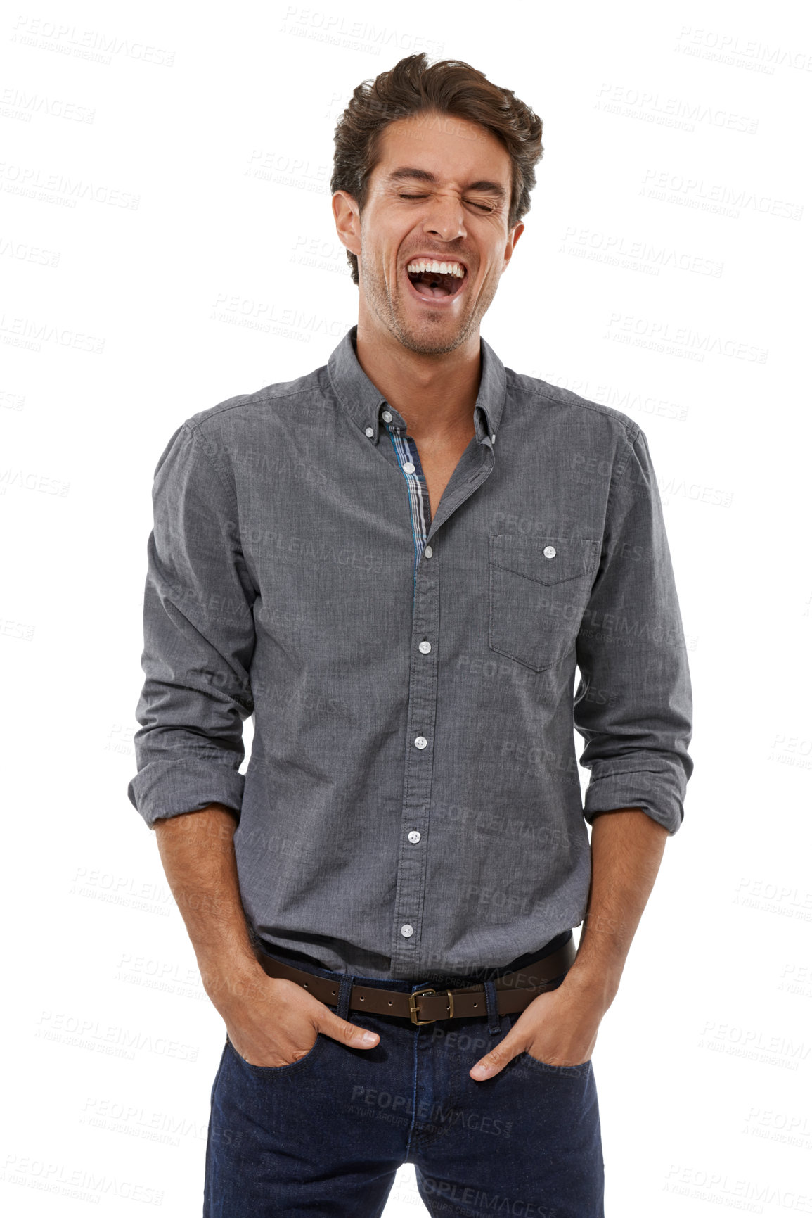 Buy stock photo Entrepreneur, laughing and confident man in studio, white background and professional style. Businessman, smile and hands in jeans, pockets and funny person with fashion o worker with happiness