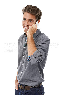 Buy stock photo Business man, phone call and studio for communication, consulting and chat to contact on white background. Happy worker, mobile networking and feedback of advice, conversation and talk of negotiation