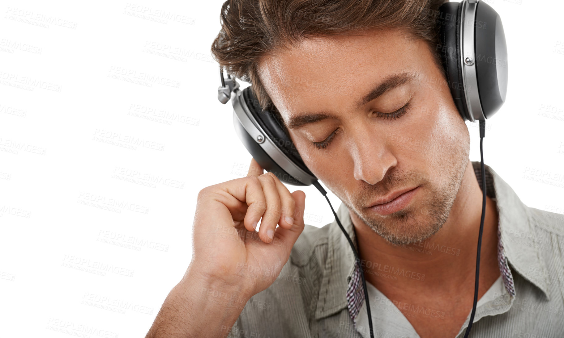 Buy stock photo Man, headphones and calm music in studio for audio subscription, streaming multimedia and radio on white background. Face of model listening to peaceful podcast, hearing sound or song at mockup space