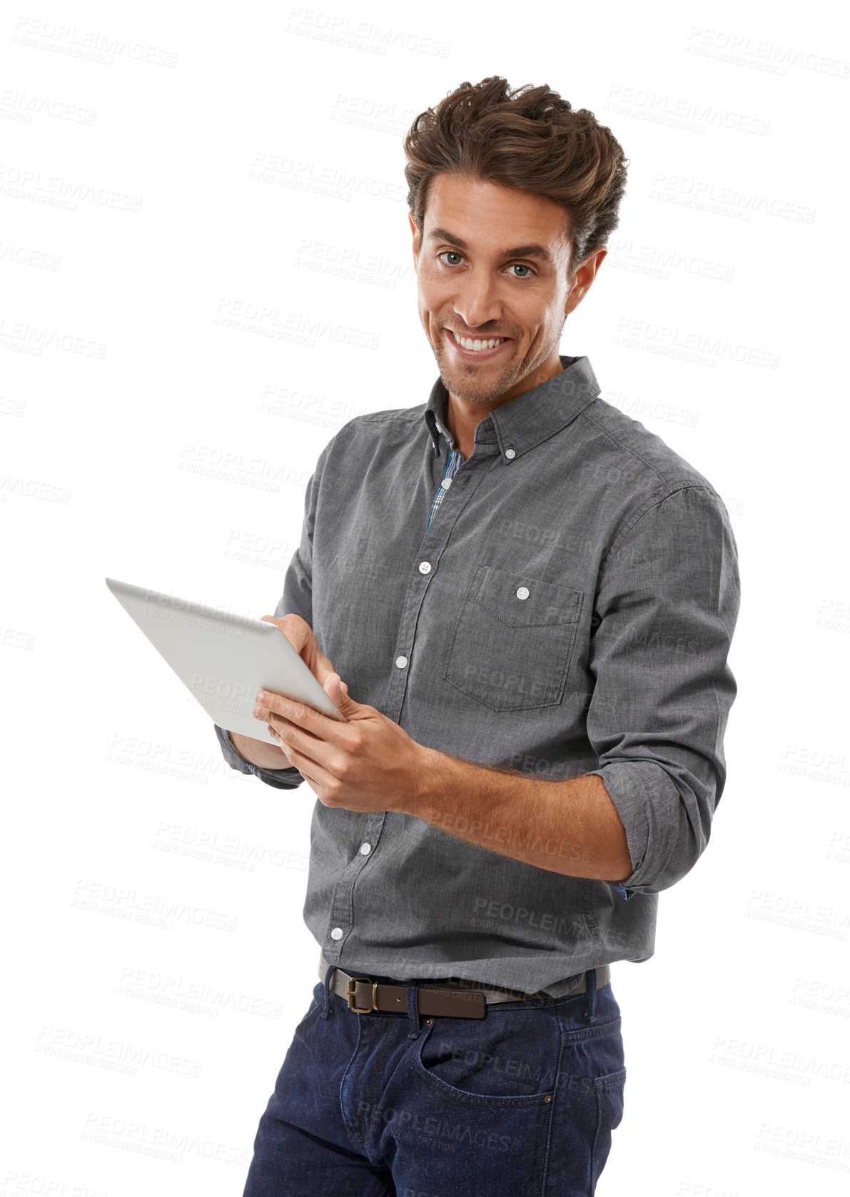 Buy stock photo Business man, portrait and tablet in studio for planning research, reading online information and social network. Happy employee scroll to review digital news, software and app on white background 