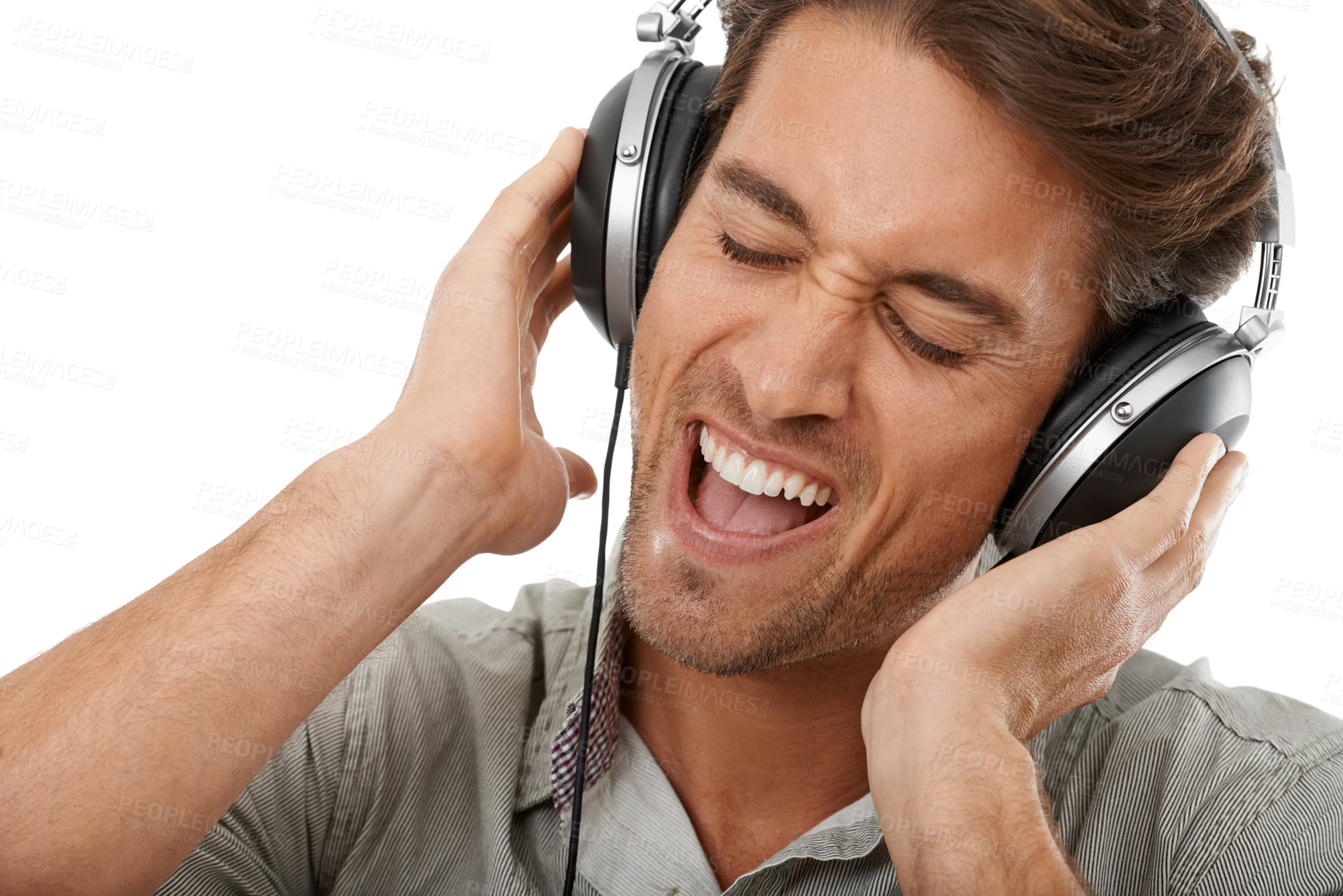 Buy stock photo Man, headphones and singing music in studio for audio subscription, multimedia sound and party on white background. Face, excited model and karaoke singer with radio, podcast and streaming at mockup 