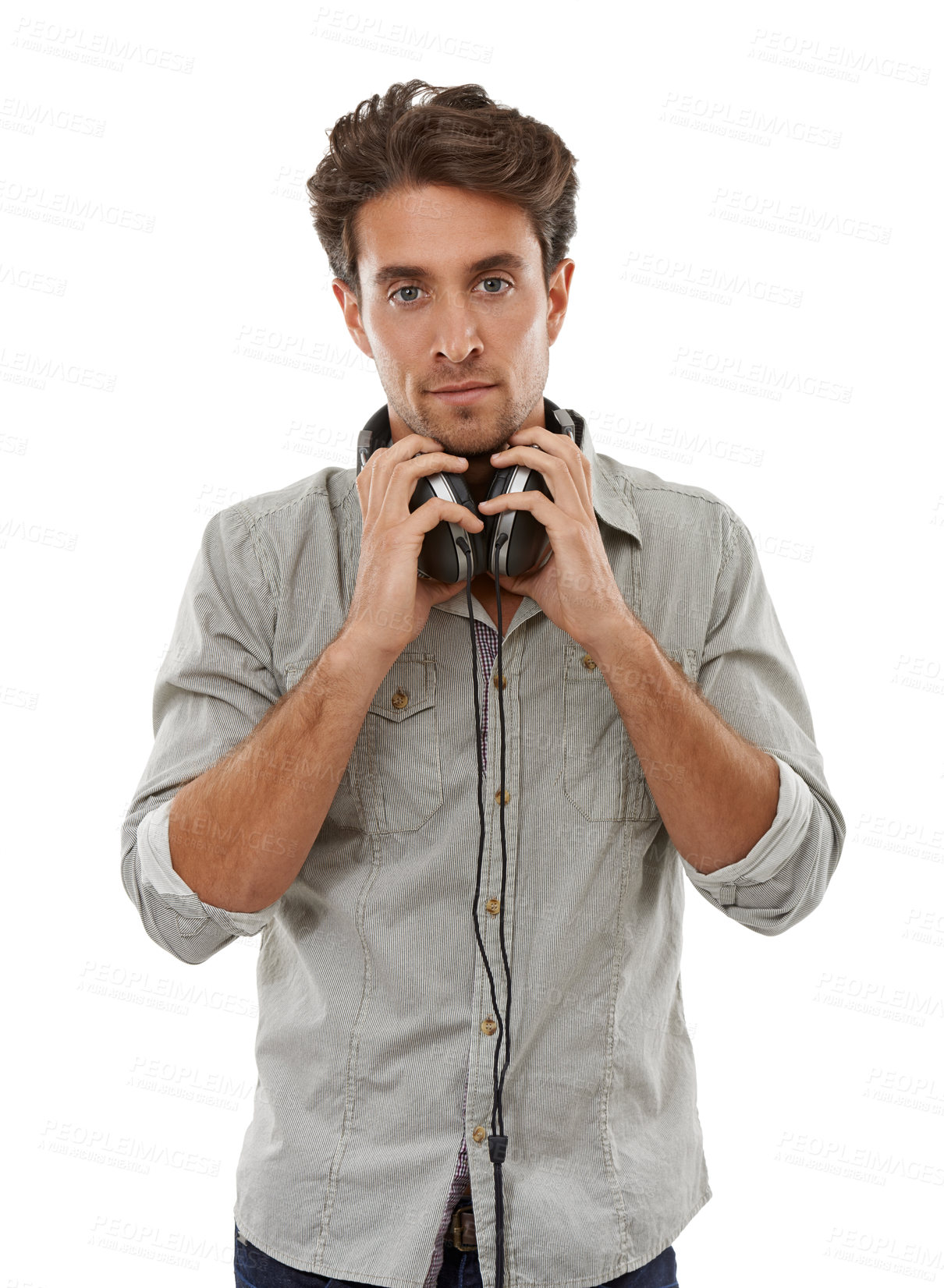 Buy stock photo Man, portrait and headphones around neck in studio for audio subscription, streaming multimedia and radio on white background. Model listening to podcast, hearing sound and music playlist of album 