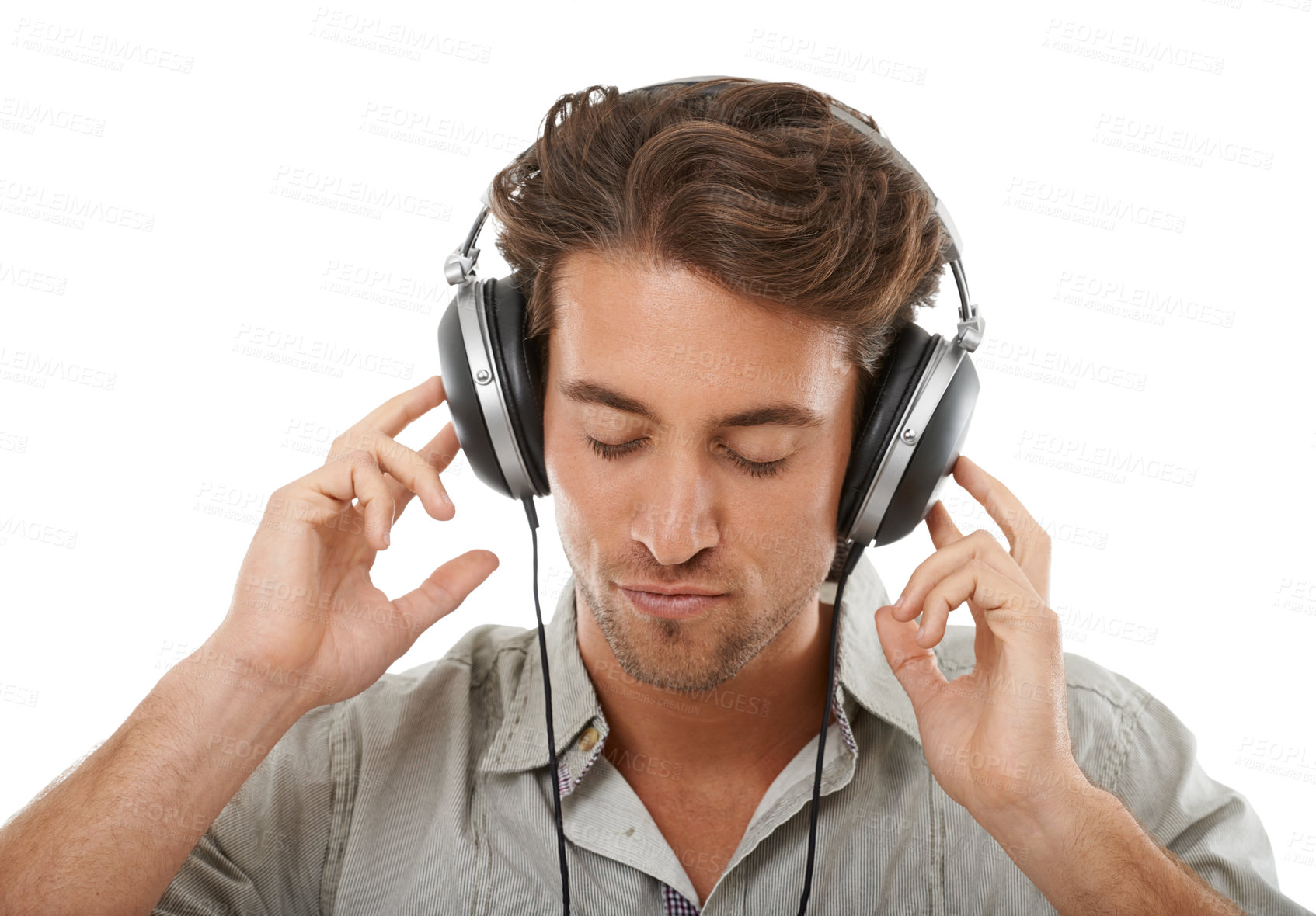 Buy stock photo Headphones, calm man or music in studio for audio subscription, streaming multimedia or digital radio on white background. Face of model listening to peaceful podcast, hearing sound or relax for song