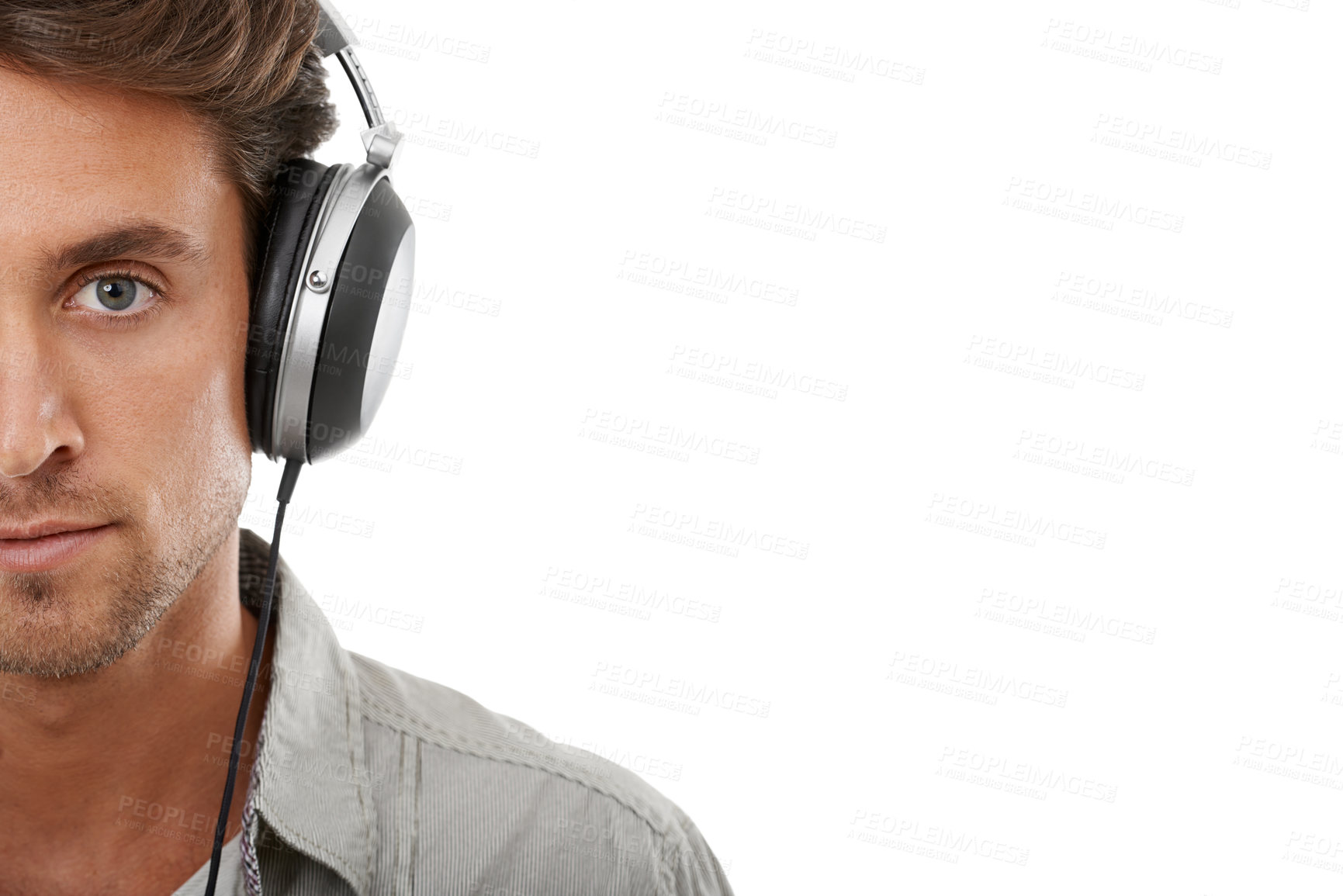 Buy stock photo Headphones, man and face portrait with space in studio for music subscription, streaming multimedia and radio on white background. Serious model listening to podcast, hearing sound or audio on mockup
