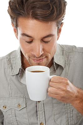 Buy stock photo Man, coffee and smell aroma for happy morning beverage for work motivation, espresso or white background. Male person, model and caffeine scent in mug for latte breakfast, 
studio or mockup space