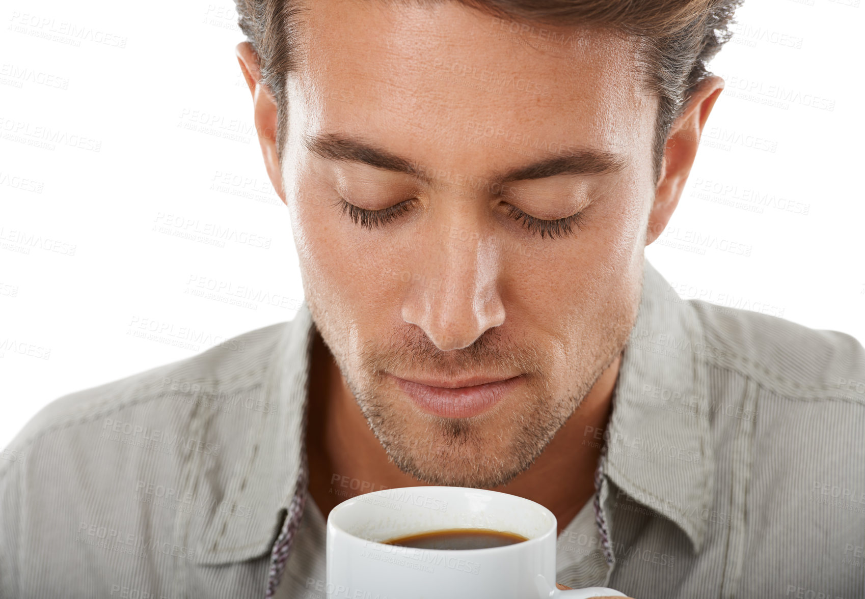 Buy stock photo Man, coffee and smell for happy in studio as morning beverage, work motivation or white background. Male person, model and caffeine scent aroma in mug for latte breakfast, espresso or mockup space