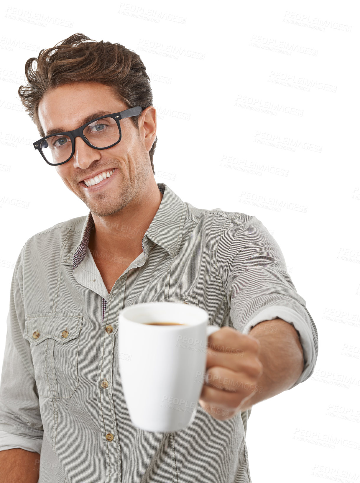 Buy stock photo Man, portrait and coffee drink or offer caffeine beverage, morning motivation, espresso or white background. Male person, model and face with mug in studio for hot latte, cappuccino or mockup space