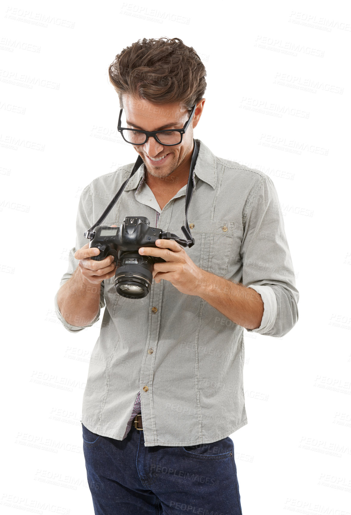 Buy stock photo Photographer man, camera and thinking in studio with smile for journalist job by white background. Reporter person, newspaper employee and happy for media, paparazzi or check picture for news story