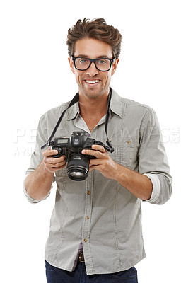 Buy stock photo Man, portrait and camera for photography in studio for creative vision, capture hobby or white background. Male person, face and digital equipment for picture on mockup space, professional or skill