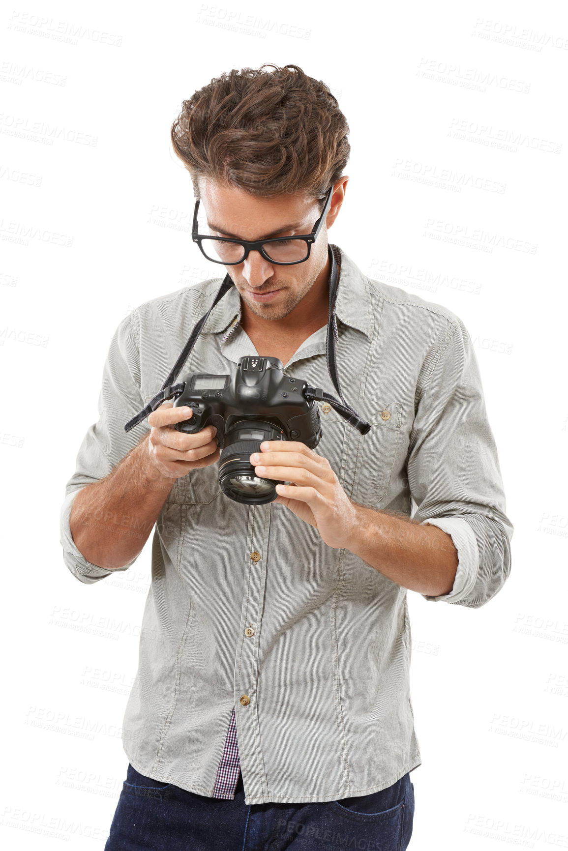 Buy stock photo Man, camera and photographer in studio for lens adjust or creative vision, capture hobby or white background. Male person, digital equipment and picture art on mockup space, professional or skill