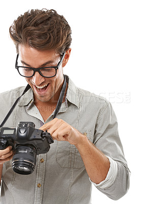 Buy stock photo Man, photographer and happy or camera studio for picture result as creative vision, capture hobby or white background. Male person, point and excited at digital equipment, mockup space or art skill