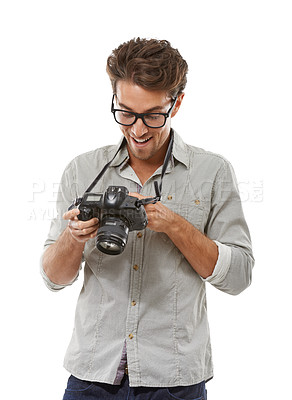 Buy stock photo Man, photographer and happy for camera creative or picture result, capture hobby or studio white background. Male person, excited and digital equipment with lens for skill career, mockup space or job