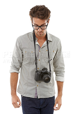Buy stock photo Man, thinking and camera as photographer for idea professional, creativity thoughts or white background. Male person, digital equipment and shooting artist on mockup for studio, skill or lens job