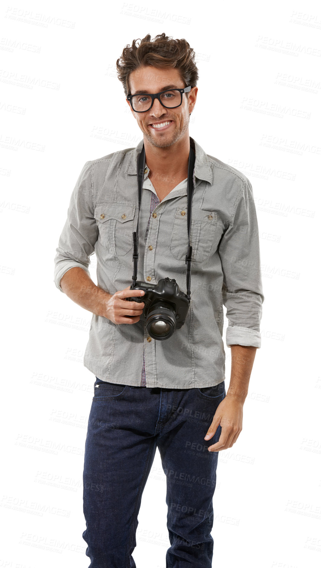 Buy stock photo Photographer man, camera and portrait in studio with smile for journalist job by white background. Reporter person, newspaper employee and happy for media, paparazzi or check picture for news story