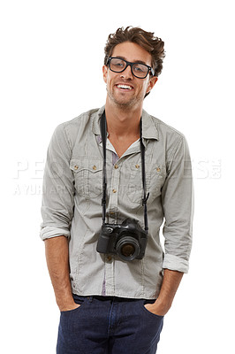 Buy stock photo Portrait, man and photographer with camera on neck in studio isolated on a white background. Happy person in glasses, creative paparazzi and fashion of confident model with hands in pocket in Spain