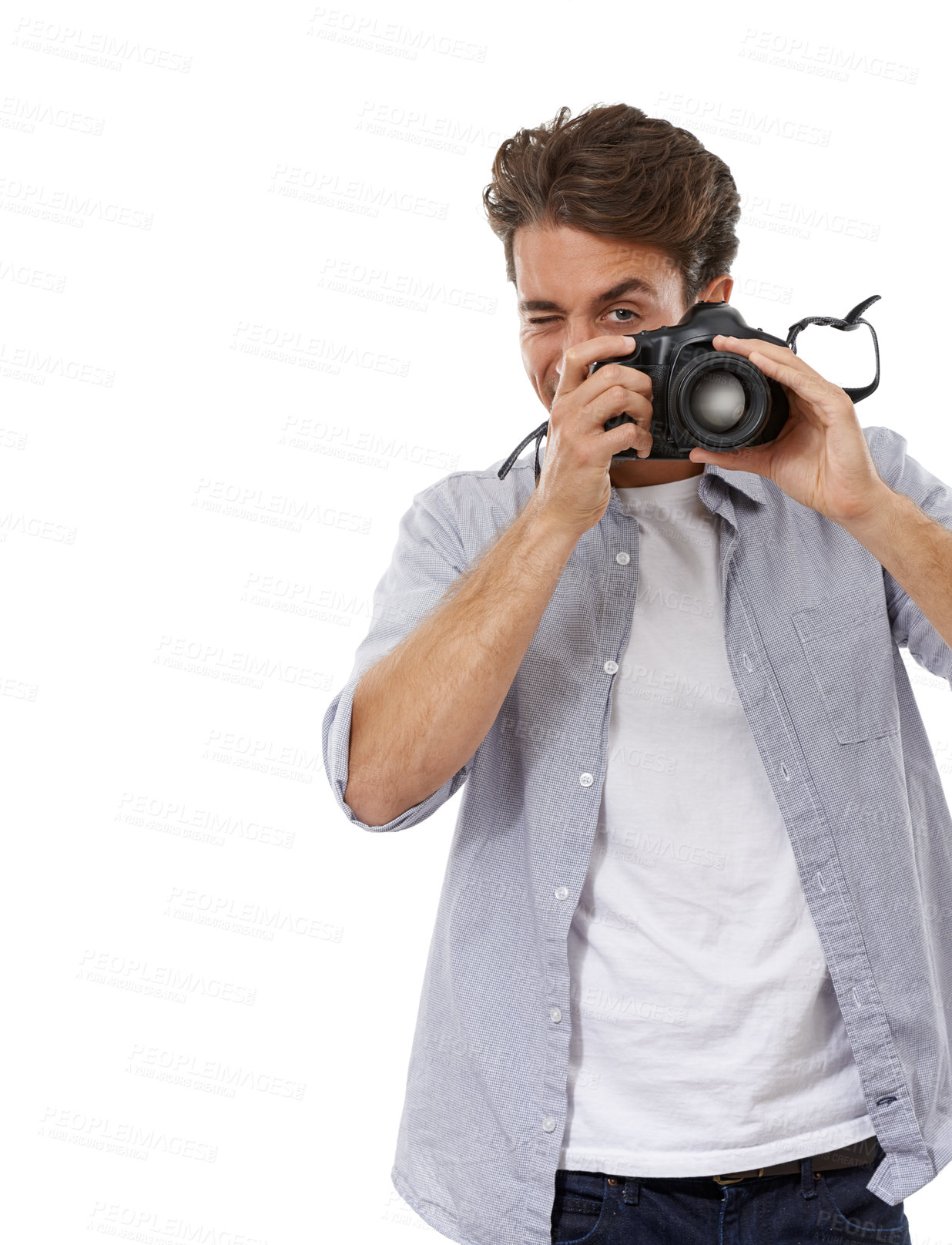 Buy stock photo Photographer man, camera and click in studio with vision for shooting job by white background. Reporter person, newspaper employee and journalist for media, paparazzi and photoshoot for news story