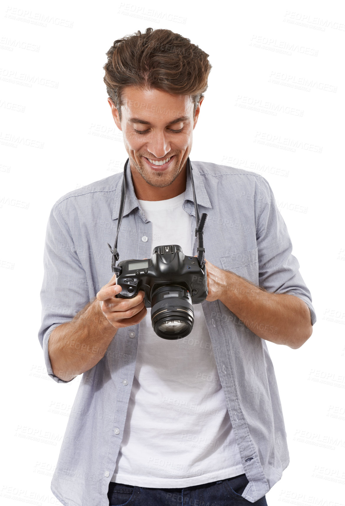 Buy stock photo Smile, man and photographer with camera in studio isolated on a white background. Happy person, creative paparazzi and dslr, lens or technology for hobby, picture model and professional cameraman