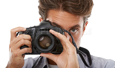 Buy stock photo Man, portrait and camera as photographer in studio for creative vision, capture hobby or white background. Male person, face and digital equipment for picture art on mockup space, shooting or skill