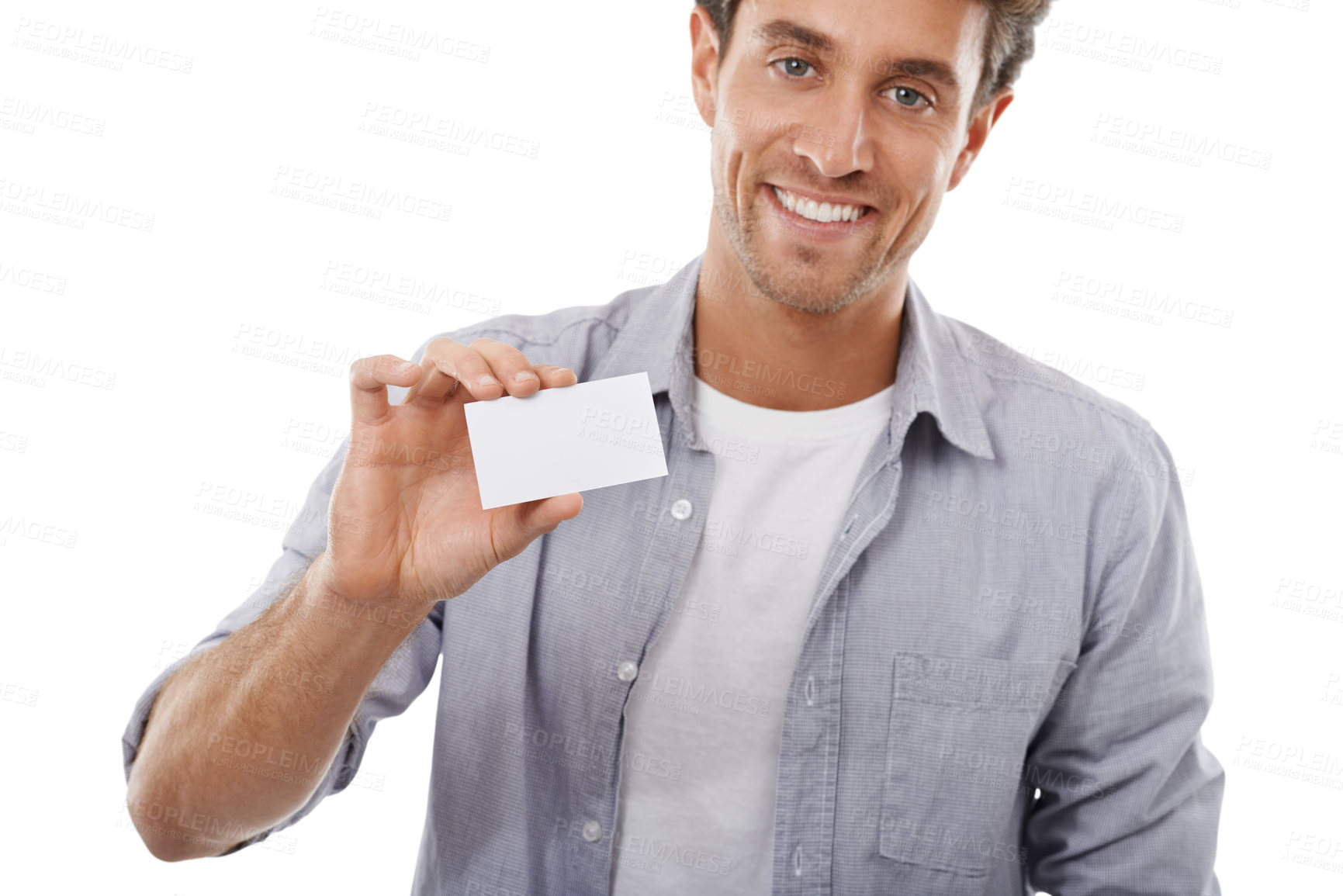 Buy stock photo Portrait of a handsome man holding up a business card of copyspace