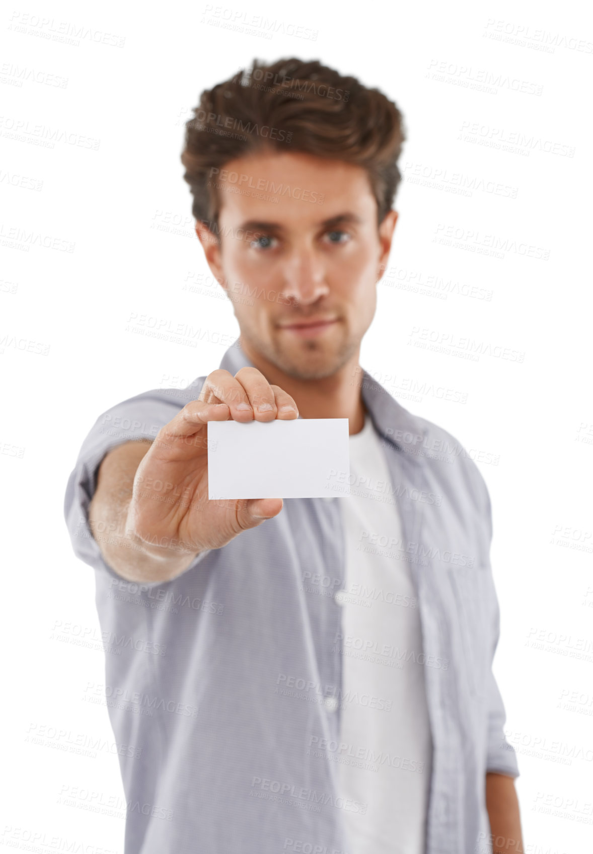 Buy stock photo Portrait, advertising and man with business card, mockup and space isolated on a white studio background. Face, person and show paper for promotion, information and commercial, marketing or hand sign