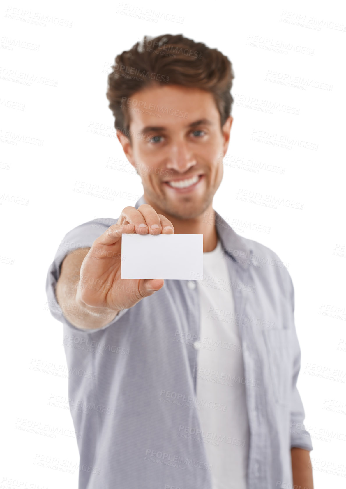 Buy stock photo Portrait, happy and man with business card, mockup and advertising space isolated on a white studio background. Face, person and show paper for promotion, info and commercial, marketing or hand sign