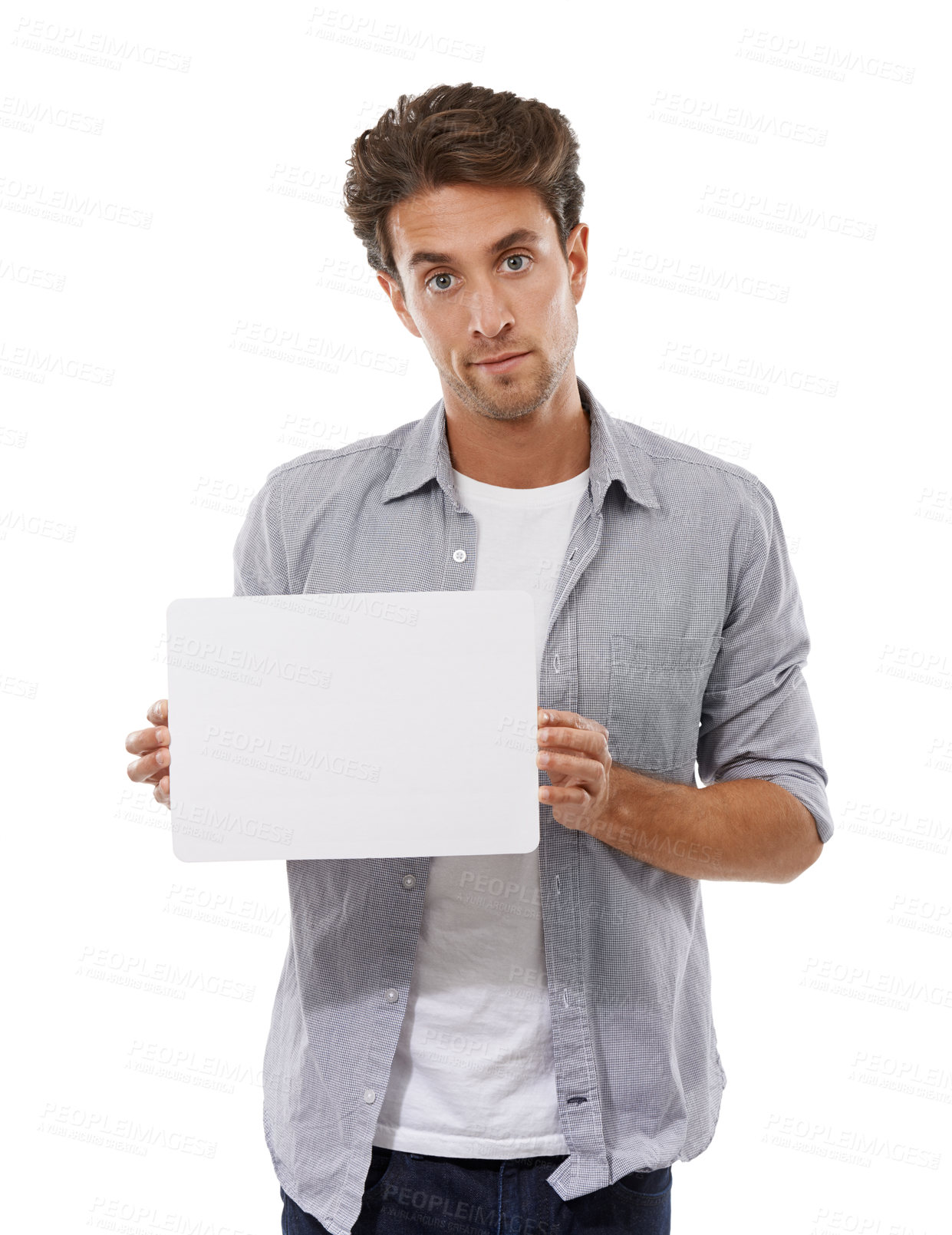 Buy stock photo Portrait, sign and man on poster, advertising and mockup space isolated on a white studio background. Serious face, paper and show banner for promotion, info or commercial, marketing or presentation