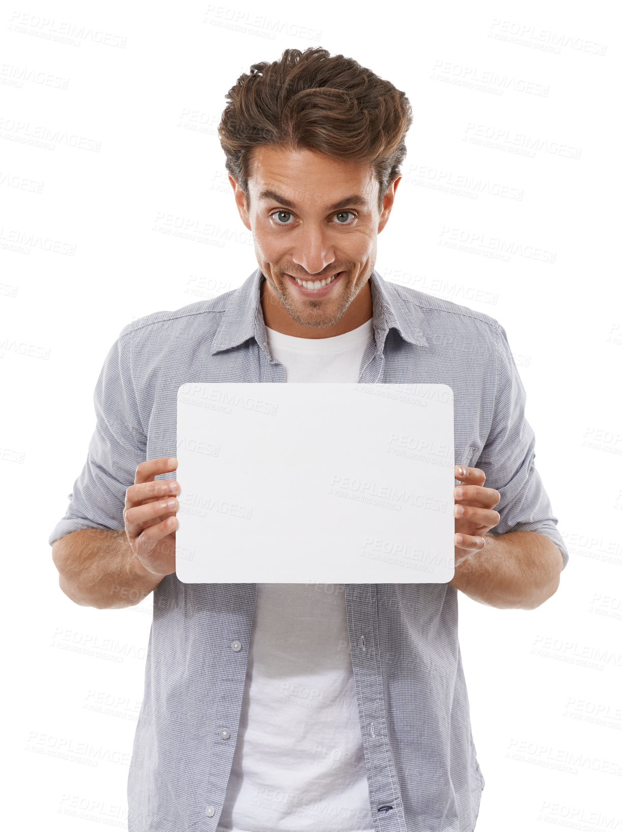 Buy stock photo Portrait, sign and happy man on poster, advertising and mockup space isolated on a white studio background. Face, paper and person show banner on promotion, info or blank billboard presentation offer