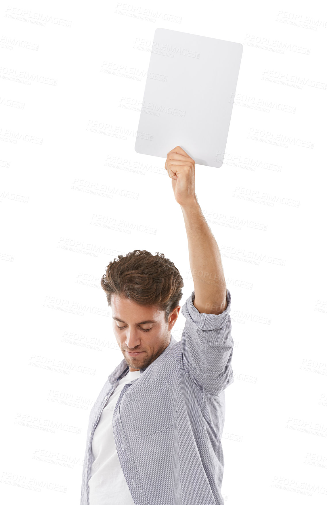 Buy stock photo Space, sign and man on paper, presentation and mockup isolated on a white studio background. Flyer, poster and person show banner on promotion, sales information and blank placard advertising offer
