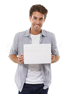 Buy stock photo Portrait, smile and man on poster, sign and advertising on mockup space isolated on a white studio background. Face, happy person and show paper banner on sales promo, information or blank placard