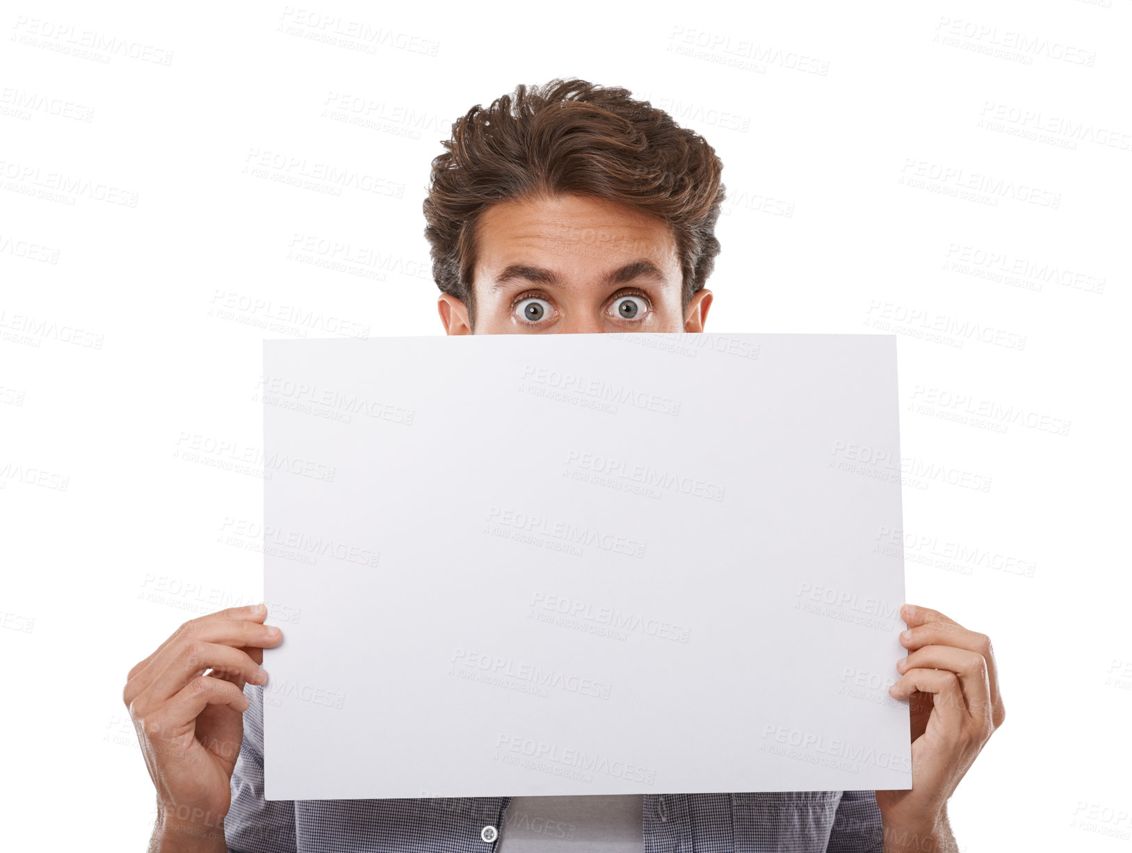 Buy stock photo Portrait, surprise and man hide on poster, sign and advertising on mockup space isolated on white studio background. Face, shock and peeking on paper banner, sales promo or blank placard presentation