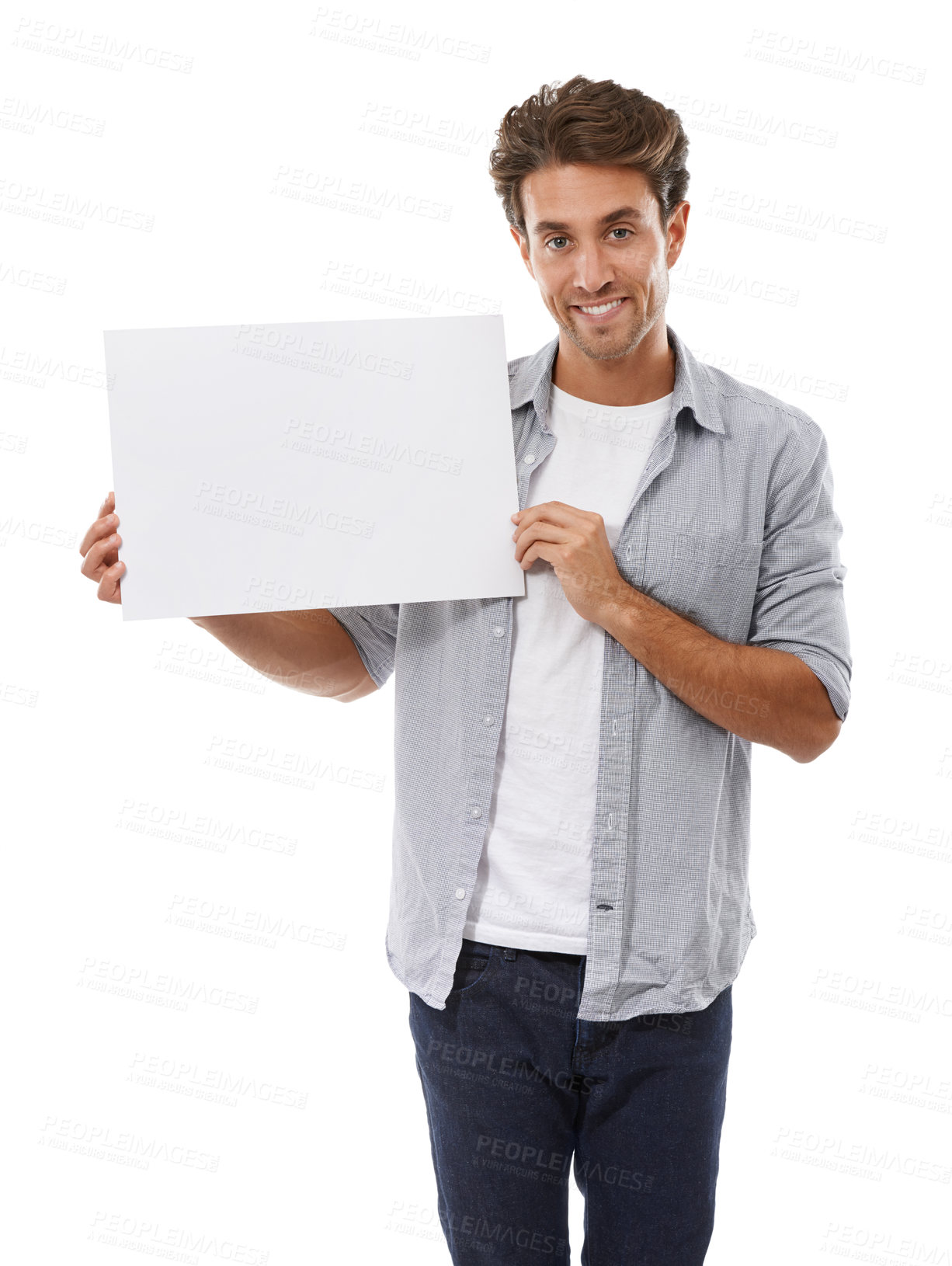 Buy stock photo Portrait, advertising and man on poster, smile and mockup space isolated on a white studio background. Happy person show paper banner, sales promotion and blank placard presentation, sign and info