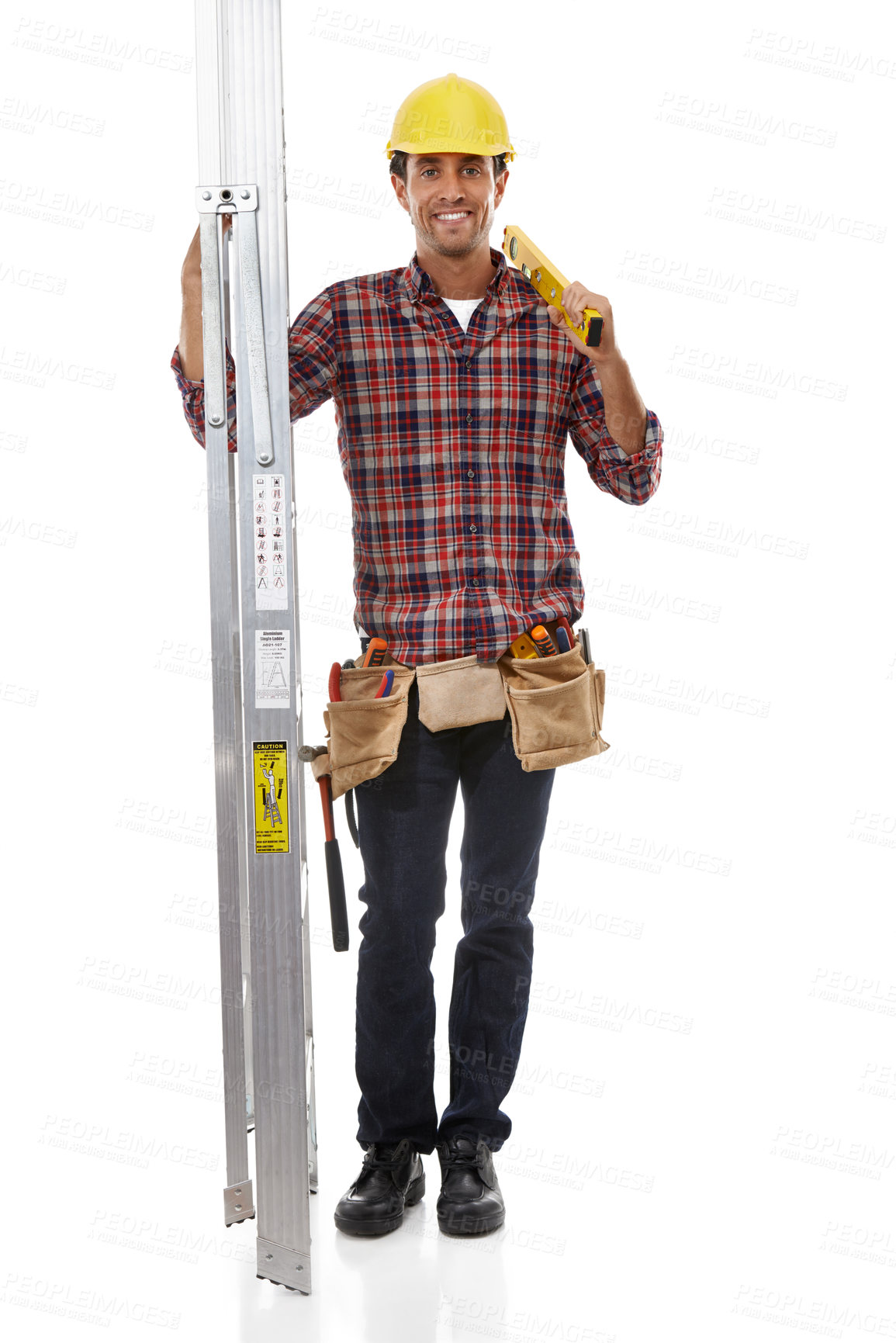 Buy stock photo Construction, maintenance and portrait of a builder on a ladder for home improvement. Service, happy and safety construction worker with a building or repair job on a white background in studio