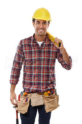 Buy stock photo Portrait, construction and building with a diy man in a hardhat in studio on a white background holding a level. Engineer,  construction worker and handyman with a male carrying tools for renovation