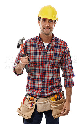Buy stock photo Handyman, portrait and man construction worker with hammer, construction and employee with helmet for safety. Maintenance, tools and building construction with contractor against white background