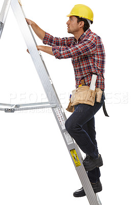 Buy stock photo Building, construction and a man climbing a ladder in studio on a white background for maintenance, diy or repair. Construction worker, engineer and safety with a male electrician or handyman at work