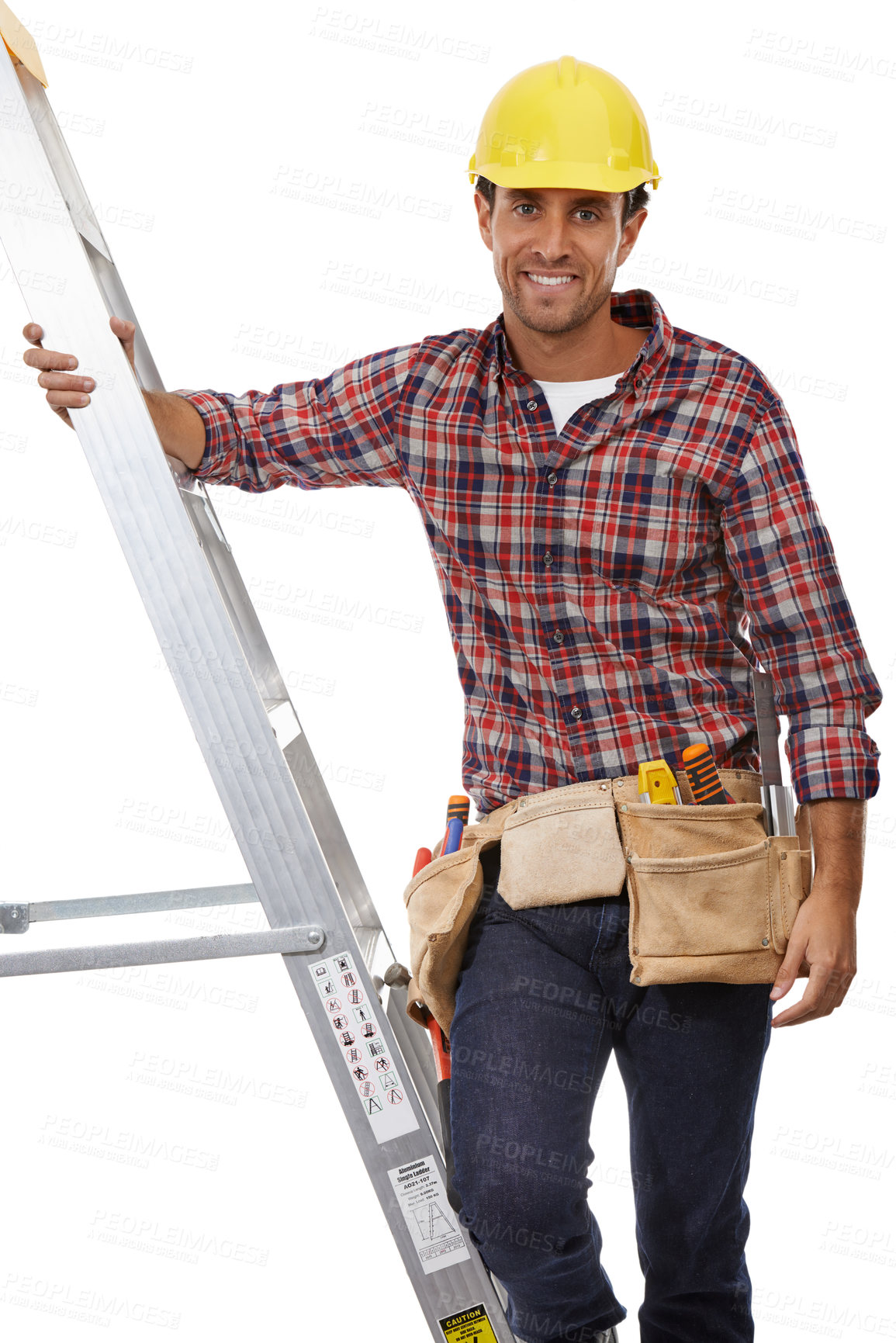 Buy stock photo Construction, building and portrait of a handyman on a ladder for home improvement. Service, happy and safety construction worker with a maintenance or repair job on a white background in studio