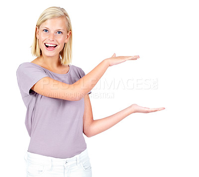 Buy stock photo Marketing, product placement and portrait of woman with hands for advertising, branding and logo. Excited, show and girl with hand to market a brand or company with mockup space on a white background