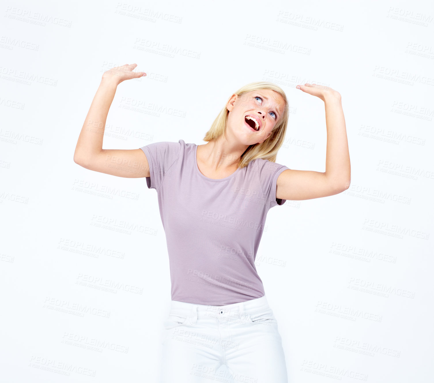 Buy stock photo Pressure, heavy and mockup with a woman in studio isolated on a white background being weighed down. Fear, shouting and a female holding a weight or product on blank marketing and advertising space
