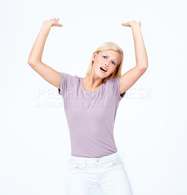 Buy stock photo Portrait, hands and heavy gesture in studio for anxiety, pressure and trouble on white background. Face, girl and stress or crush sign on load, fear and worry, overwhelmed and distress while isolated