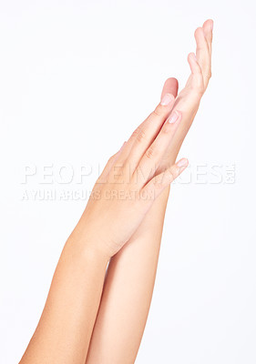 Buy stock photo Beauty model, manicure hands and nails skincare on studio background in healthcare wellness, self love dermatology or salon massage. Zoom woman, touching fingers and natural grooming polish on mockup