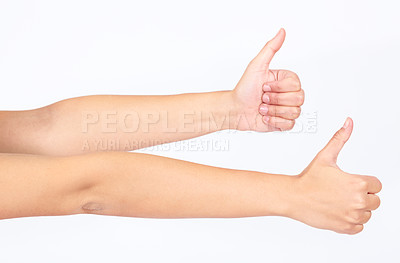 Buy stock photo Thumbs up, success and hands of people for thank you, agreement and like on white background in studio. Winning motivation, yes and emoji hand for yes, happy sign and approval on a studio background