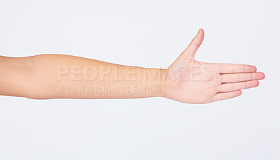 Buy stock photo Woman, handshake or greeting on studio background in success goals, strategy collaboration or welcome support. Zoom, model or shaking hands gesture in meeting, hello or good luck motivation on mockup
