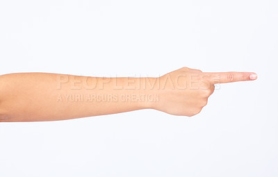 Buy stock photo Finger, point and hand in studio for direction, discipline or blame expression or mockup. Arm, pointing and person with forearm for hand gesture for showing or directing isolated by white background.