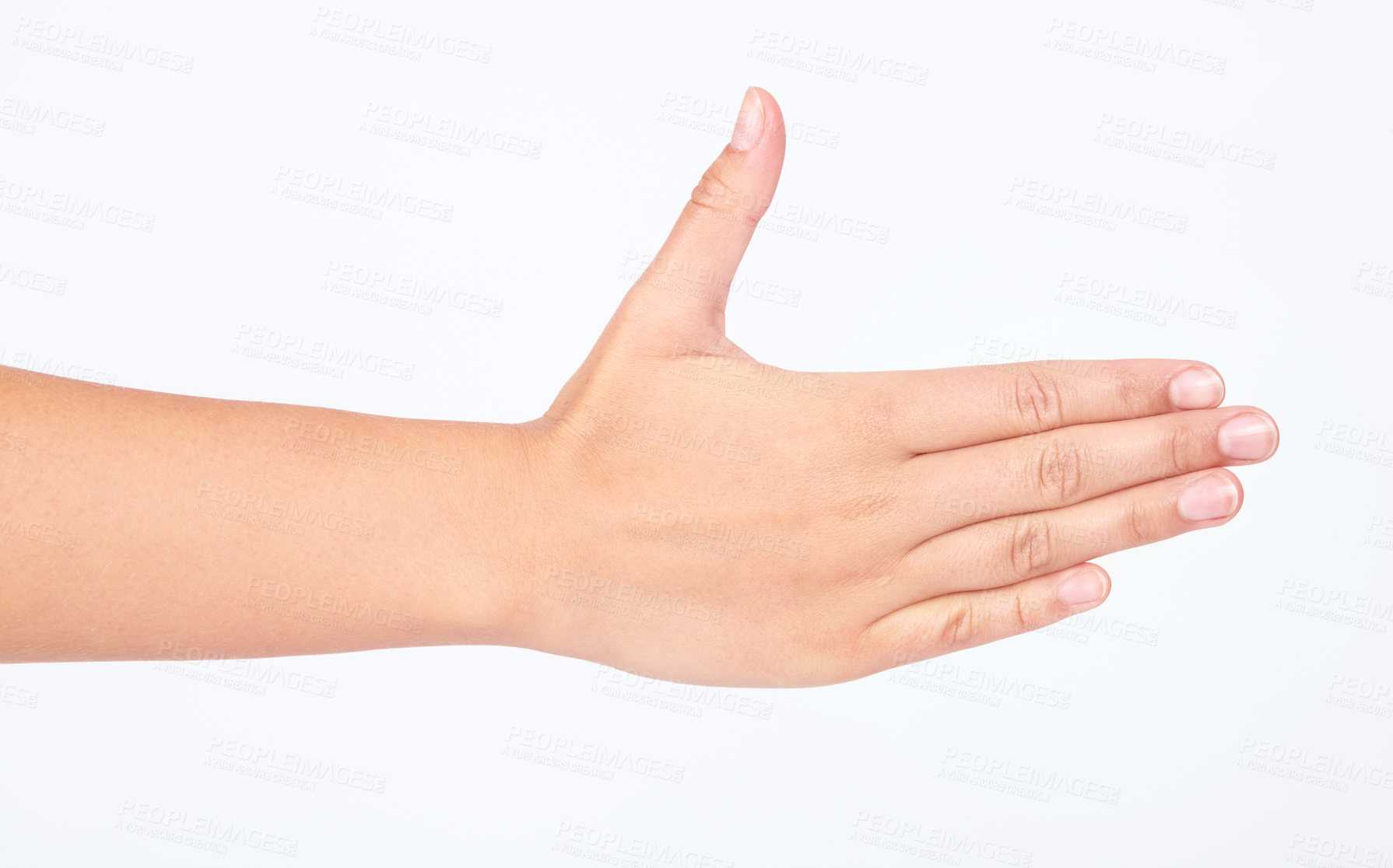 Buy stock photo Woman, handshake or hello on studio background in greeting success, strategy collaboration or welcome support. Zoom, model or shaking hands gesture in partnership meeting, goals motivation or mockup
