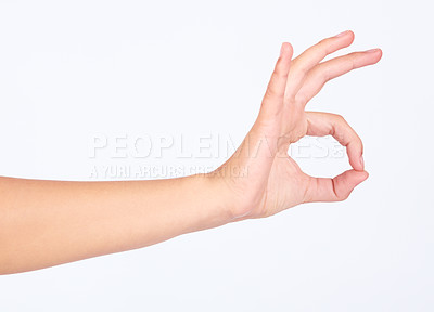Buy stock photo Woman, hand or ok sign on marketing space, advertising mock up or studio background mockup for sales deal. Model, perfect or okay hand gesture for promotion support, opinion vote or good review news