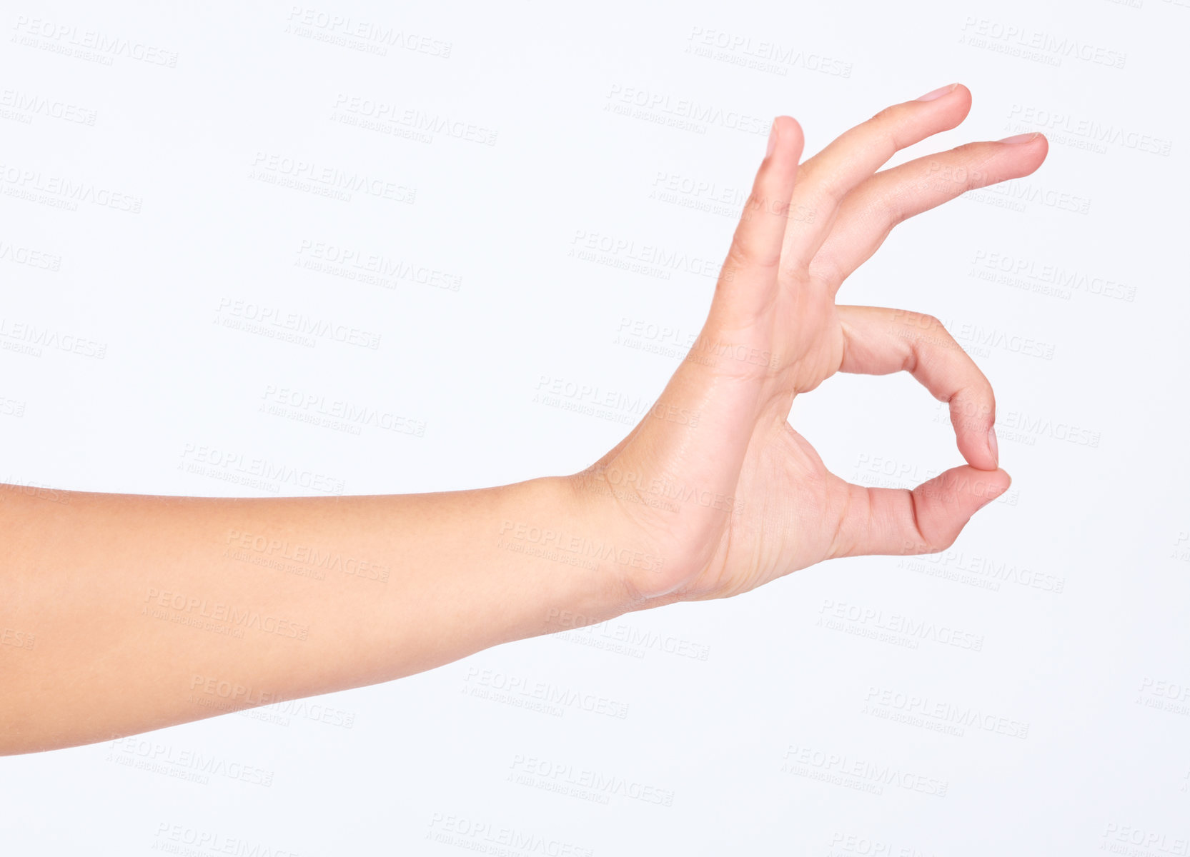 Buy stock photo Woman, hand or ok sign on marketing space, advertising mock up or studio background mockup for sales deal. Model, perfect or okay hand gesture for promotion support, opinion vote or good review news