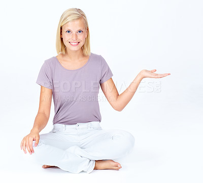 Buy stock photo Woman, portrait and hand palm on marketing space, advertising mock up or product placement mockup. Smile, happy model and hand gesture for promotion show or sales deal branding on studio background.
