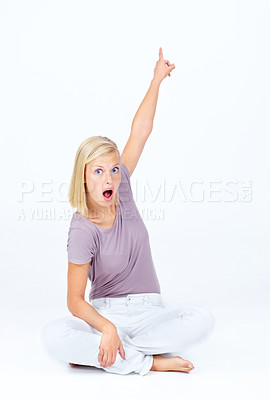 Buy stock photo Surprised, shocked and portrait of a woman pointing isolated on a white background in studio. Wow, wtf and amazed face of a girl with a hand gesture for disbelief, alert and showing on a backdrop