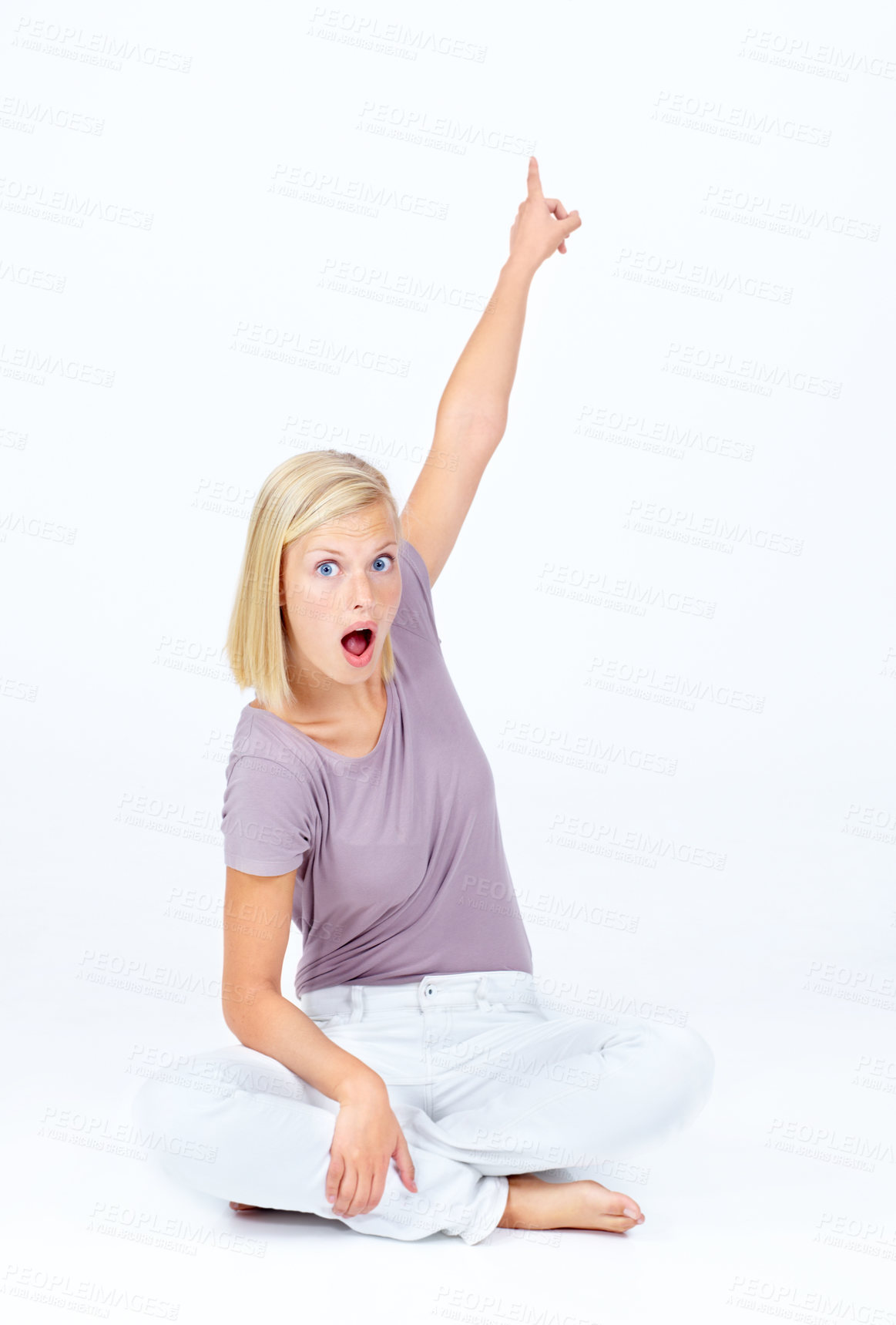Buy stock photo Surprised, shocked and portrait of a woman pointing isolated on a white background in studio. Wow, wtf and amazed face of a girl with a hand gesture for disbelief, alert and showing on a backdrop